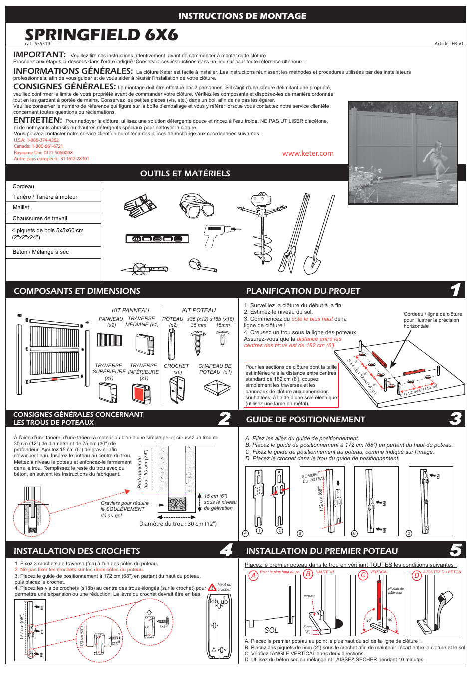 Springfield 6x6, Instructions de montage, Composants et dimensions | Planification du projet, Guide de positionnement, Outils et matériels, Important, Informations générales, Consignes générales, Entretien | Keter Springfield 6 User Manual | Page 5 / 10
