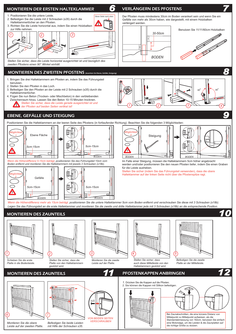 Pfostenkappen anbringen, Montieren der ersten halteklammer, Montieren des zweiten pfostens | Verlängern des pfostens, Montieren des zaunteils | Keter Springfield 6 User Manual | Page 8 / 10