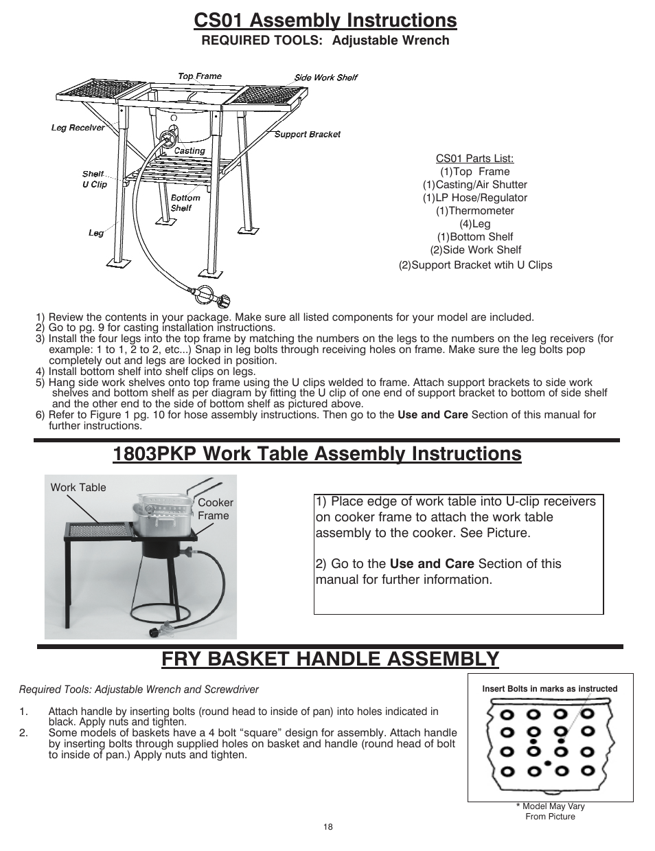 1803pkp work table assembly instructions, Cs01 assembly instructions, Fry basket handle assembly | King Kooker Cast Cooker User Manual | Page 18 / 32