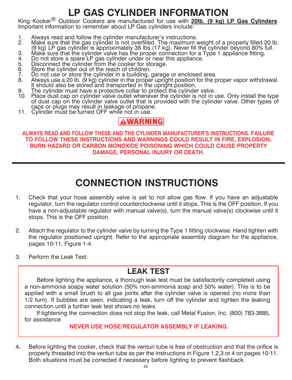 Connection instructions, Lp gas cylinder information, Leak test | King Kooker Cast Cooker User Manual | Page 20 / 32