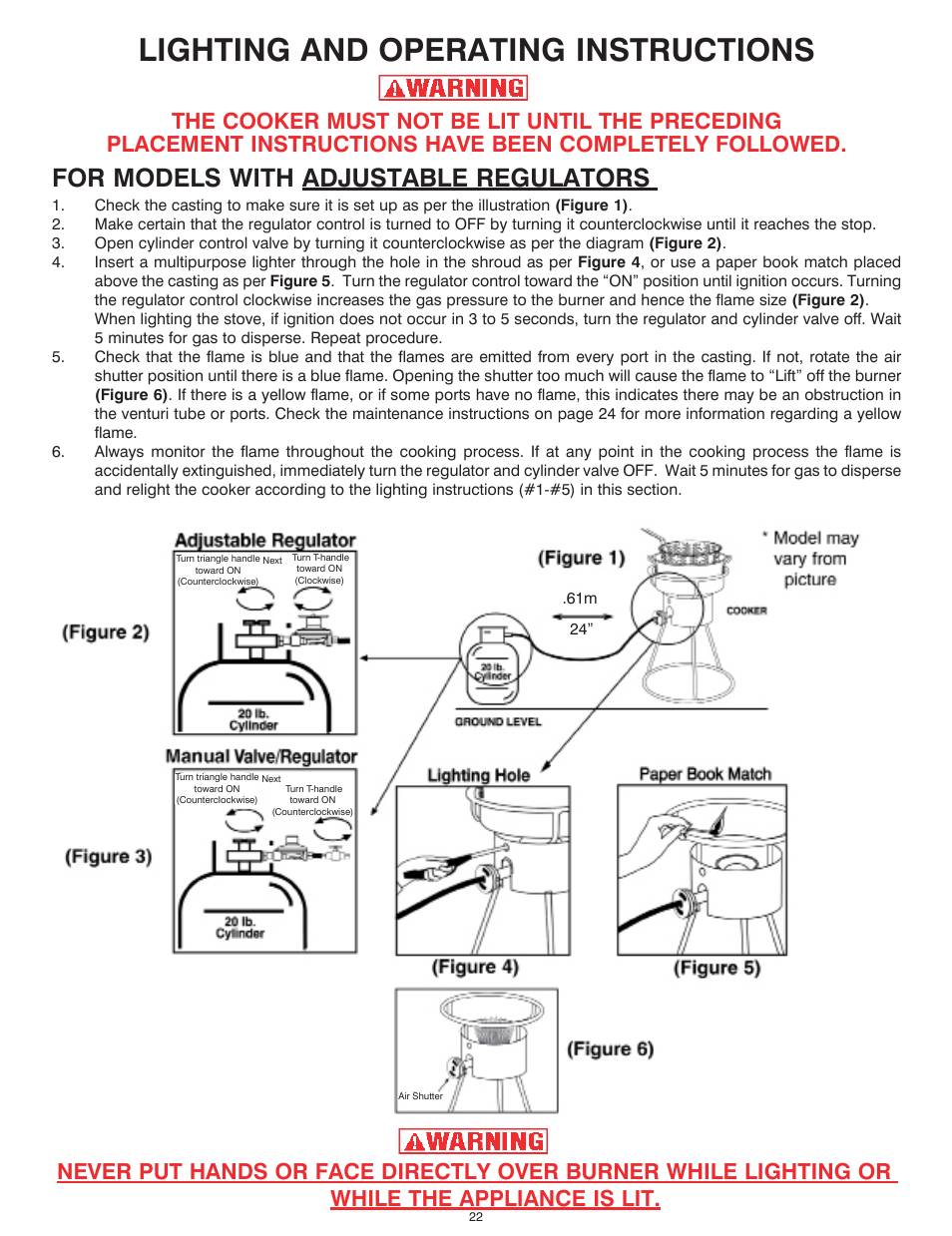 Lighting and operating instructions, For models with adjustable regulators | King Kooker Cast Cooker User Manual | Page 22 / 32