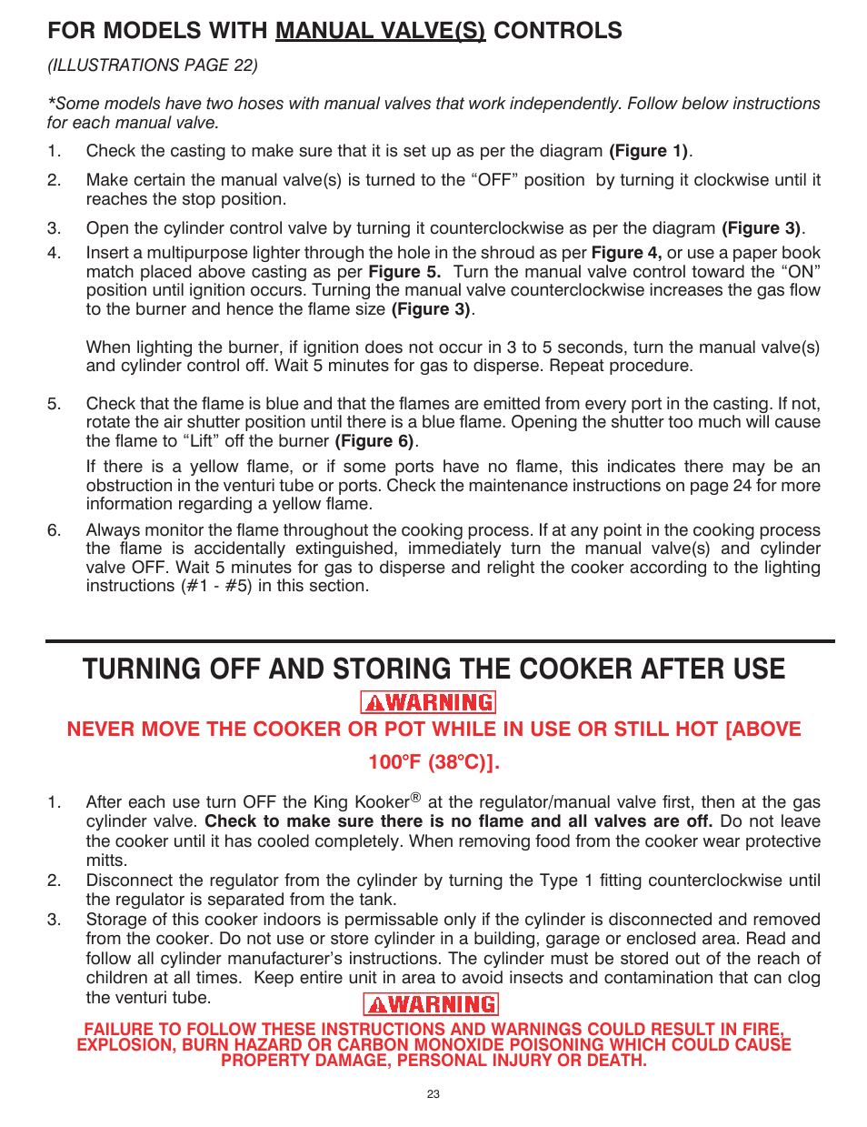 Turning off and storing the cooker after use, For models with manual valve(s) controls | King Kooker Cast Cooker User Manual | Page 23 / 32