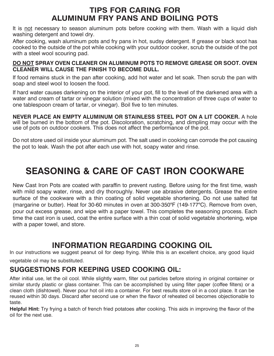 Seasoning & care of cast iron cookware, Information regarding cooking oil, Suggestions for keeping used cooking oil | King Kooker Cast Cooker User Manual | Page 25 / 32