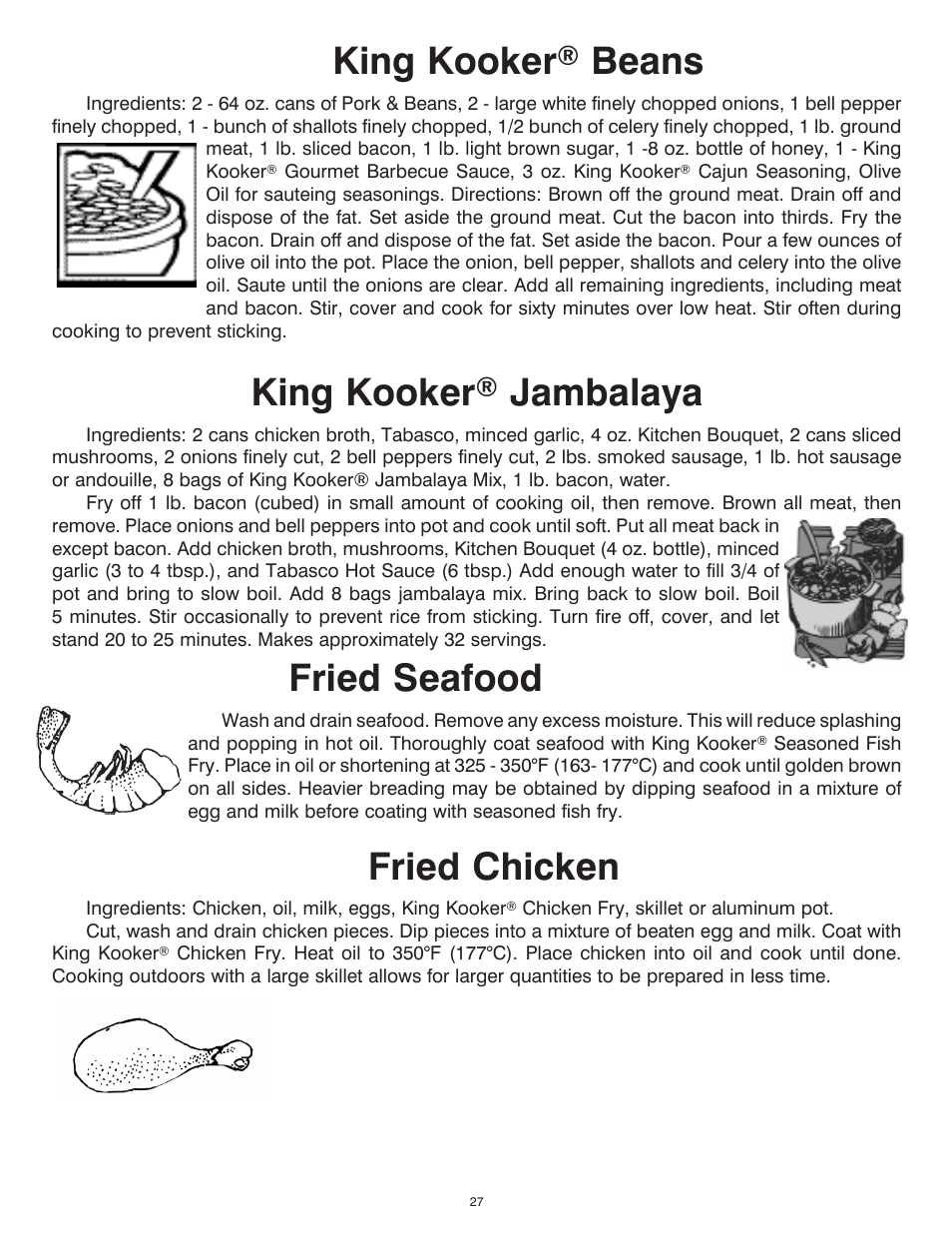 King kooker, Beans, Jambalaya | Fried seafood, Fried chicken | King Kooker Cast Cooker User Manual | Page 27 / 32