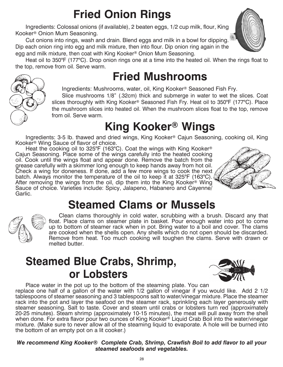 Fried onion rings, Fried mushrooms, King kooker | Wings, Steamed clams or mussels, Steamed blue crabs, shrimp, or lobsters | King Kooker Cast Cooker User Manual | Page 28 / 32