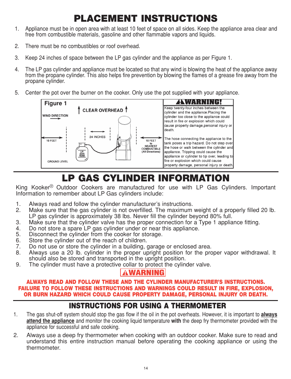 Lp gas cylinder information, Placement instructions, Instructions for using a thermometer | King Kooker Cast Cookers with Gas Shut Off Technology User Manual | Page 14 / 32