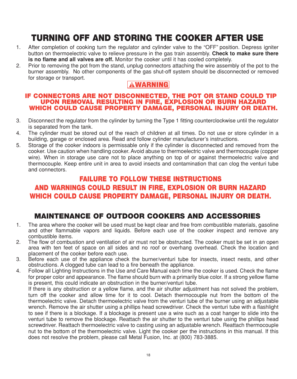 Turning off and storing the cooker after use, Maintenance of outdoor cookers and accessories | King Kooker Cast Cookers with Gas Shut Off Technology User Manual | Page 18 / 32