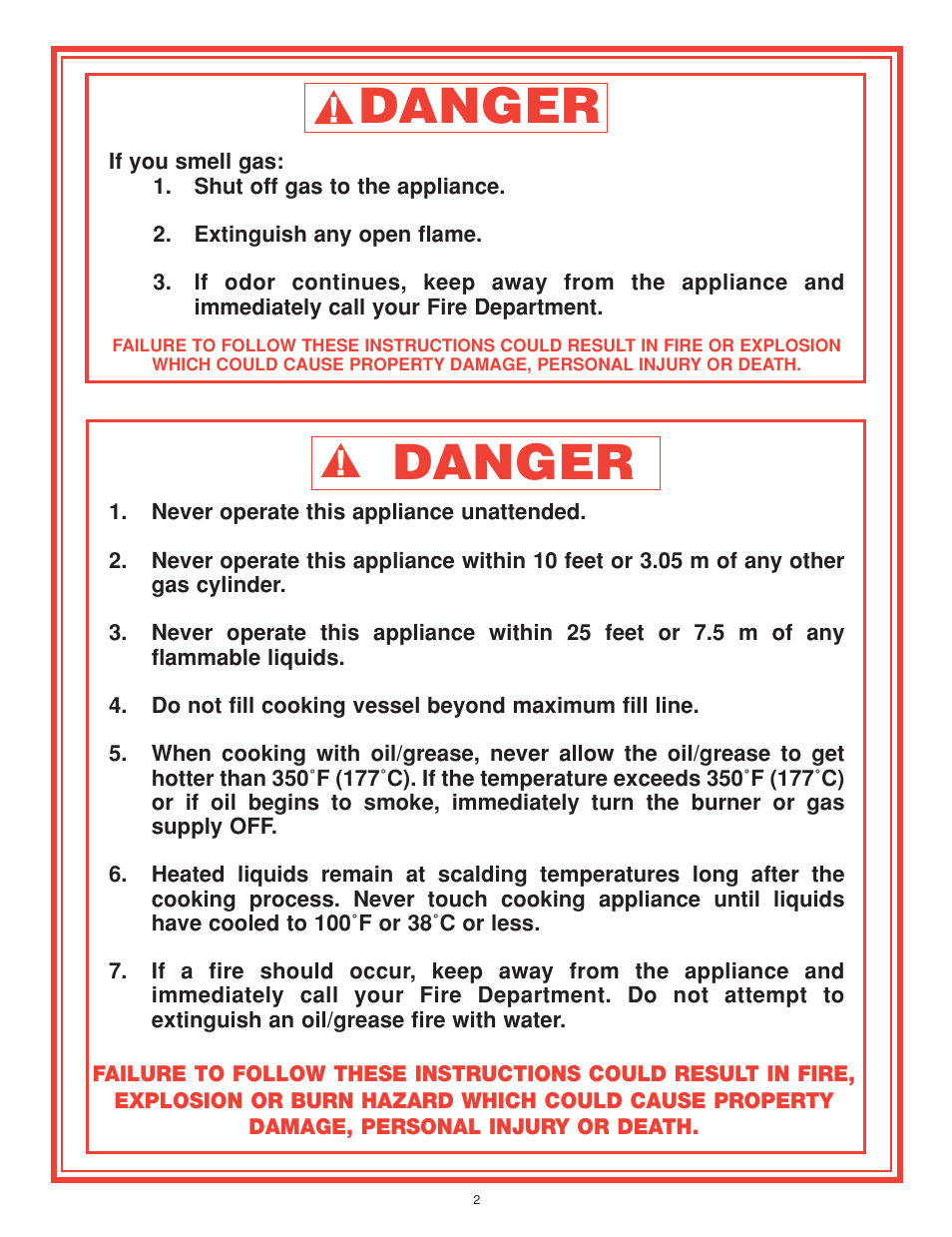Danger, For your safety | King Kooker Cast Cookers with Gas Shut Off Technology User Manual | Page 2 / 32