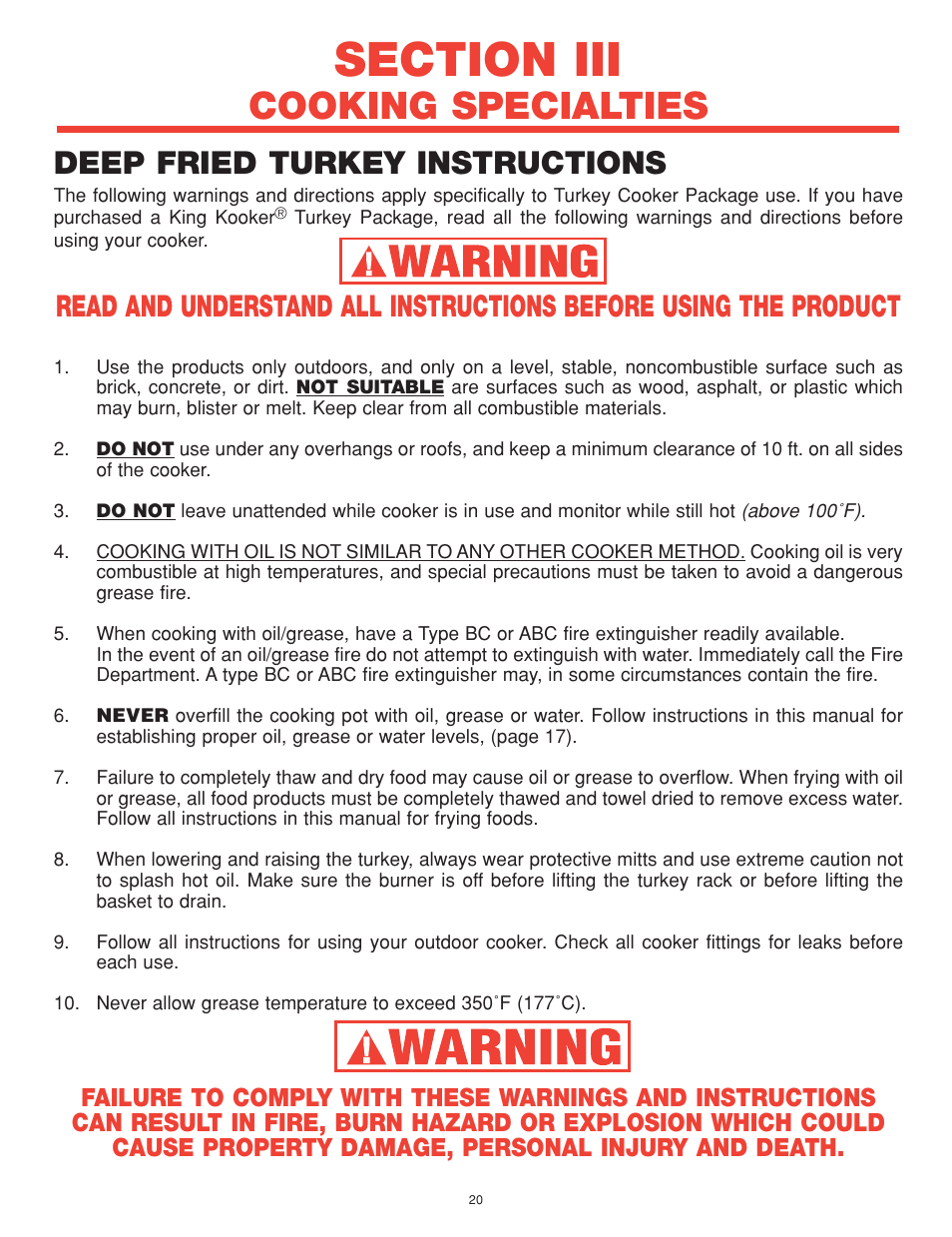 Cooking specialties, Deep fried turkey instructions | King Kooker Cast Cookers with Gas Shut Off Technology User Manual | Page 20 / 32