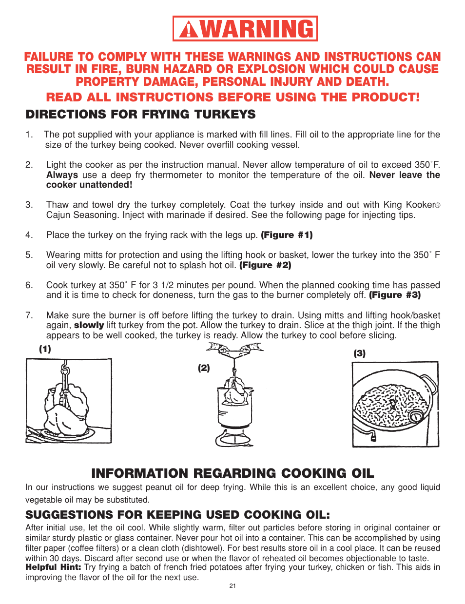 Information regarding cooking oil, Suggestions for keeping used cooking oil | King Kooker Cast Cookers with Gas Shut Off Technology User Manual | Page 21 / 32