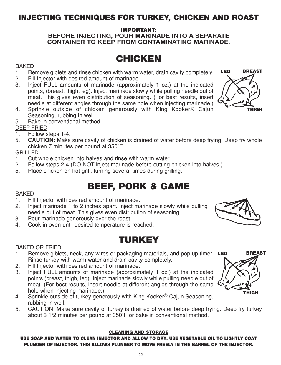 Chicken, Beef, pork & game, Turkey | Injecting techniques for turkey, chicken and roast | King Kooker Cast Cookers with Gas Shut Off Technology User Manual | Page 22 / 32