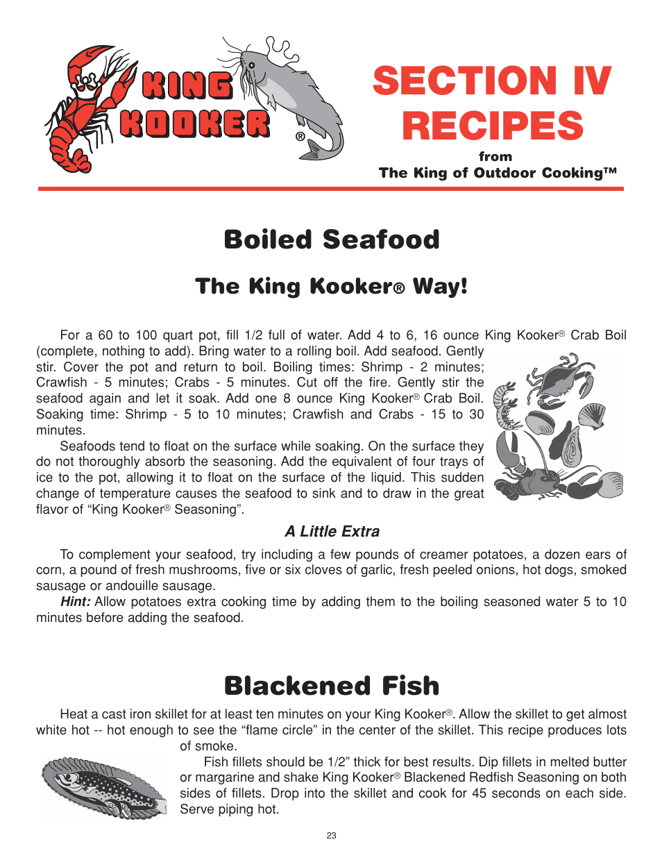 Boiled seafood, Blackened fish, The king kooker | King Kooker Cast Cookers with Gas Shut Off Technology User Manual | Page 23 / 32