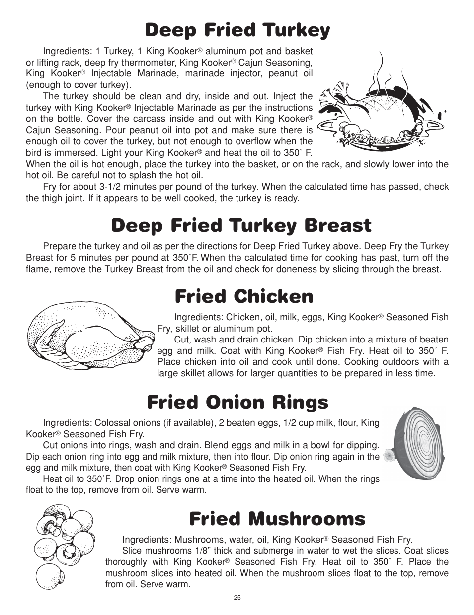 Deep fried turkey, Deep fried turkey breast, Fried chicken | Fried onion rings, Fried mushrooms | King Kooker Cast Cookers with Gas Shut Off Technology User Manual | Page 25 / 32