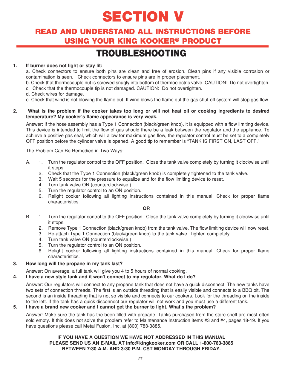 Troubleshooting, Product | King Kooker Cast Cookers with Gas Shut Off Technology User Manual | Page 27 / 32