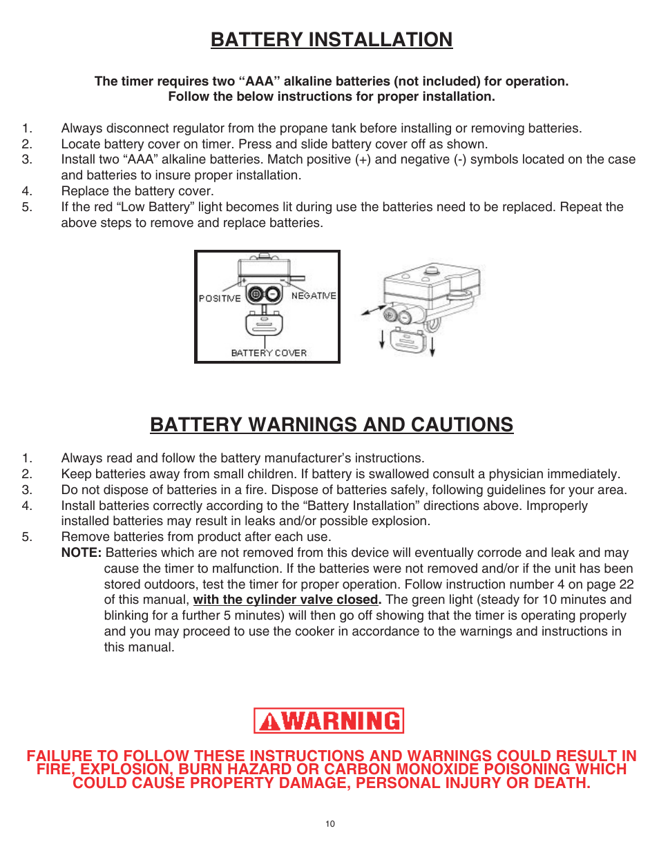 Battery installation, Battery warnings and cautions | King Kooker Cast Cookers with Timers User Manual | Page 10 / 40