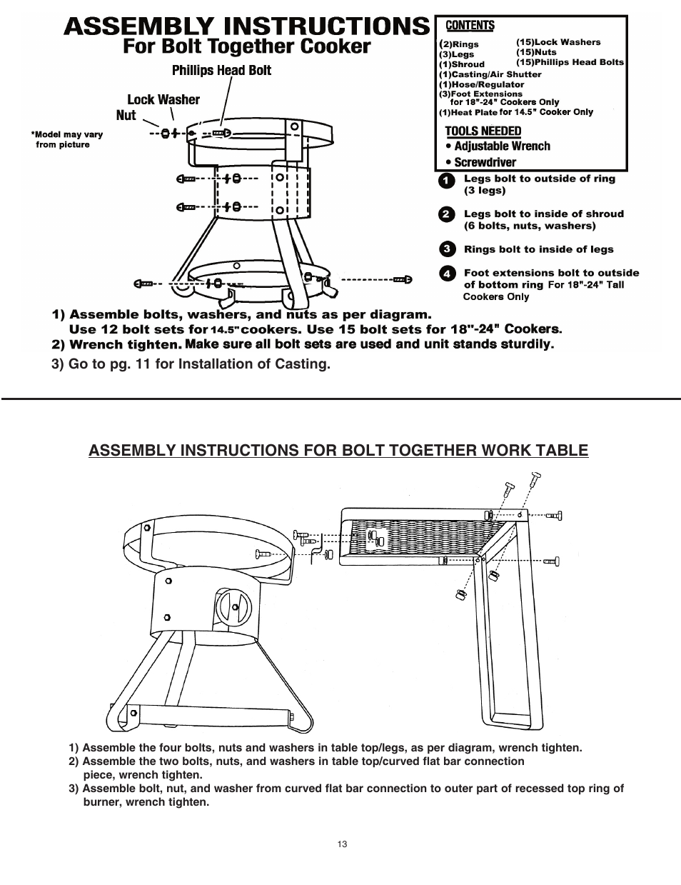 Assembly instructions for bolt together work table, 3) go to pg. 11 for installation of casting | King Kooker Cast Cookers with Timers User Manual | Page 13 / 40