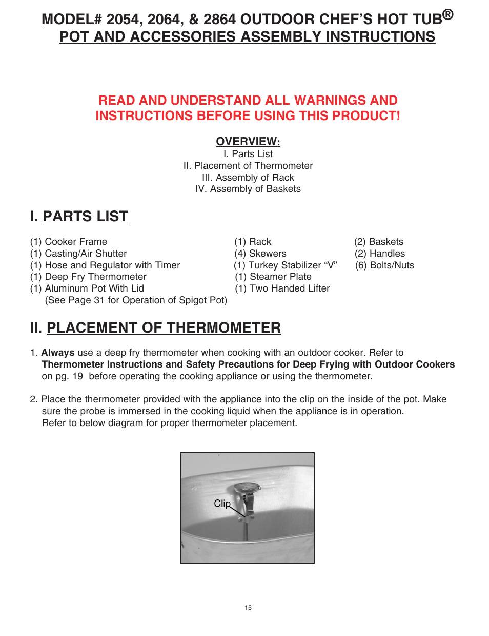 I. parts list, Ii. placement of thermometer | King Kooker Cast Cookers with Timers User Manual | Page 15 / 40