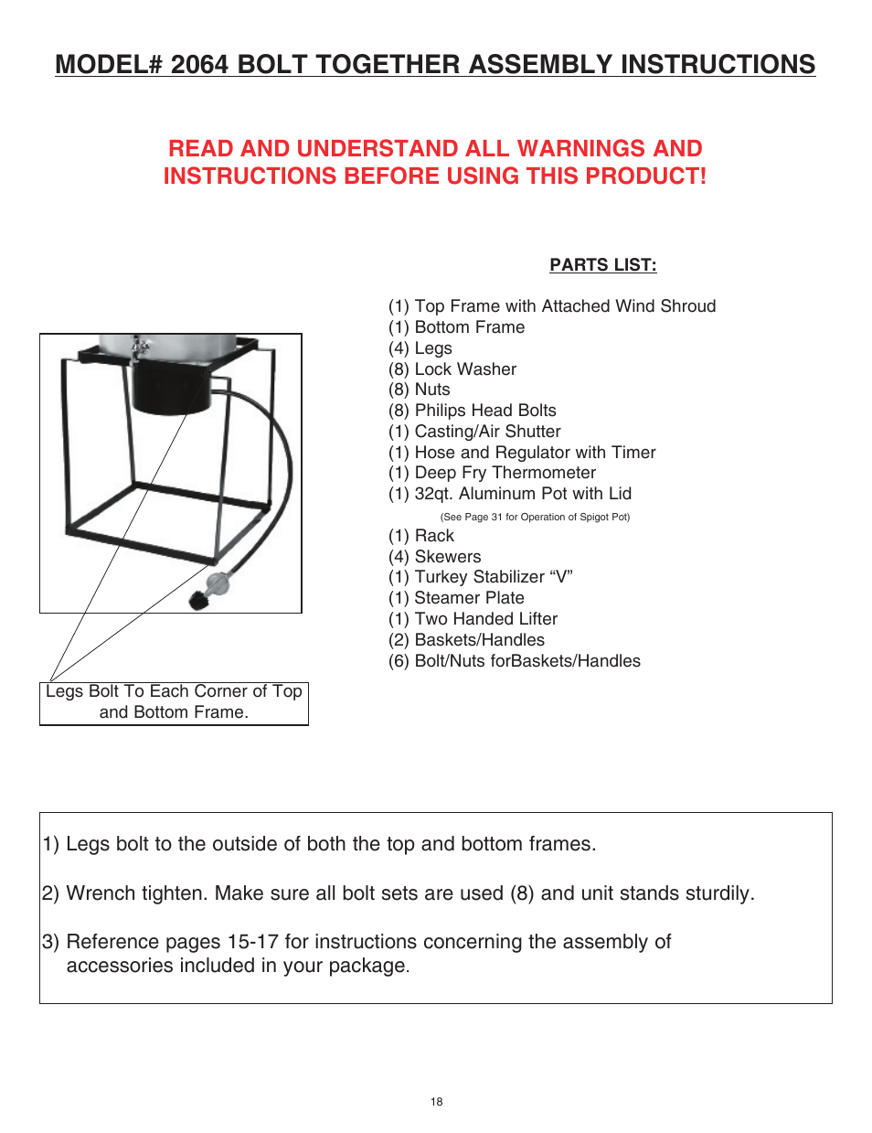 Model# 2064 bolt together assembly instructions | King Kooker Cast Cookers with Timers User Manual | Page 18 / 40