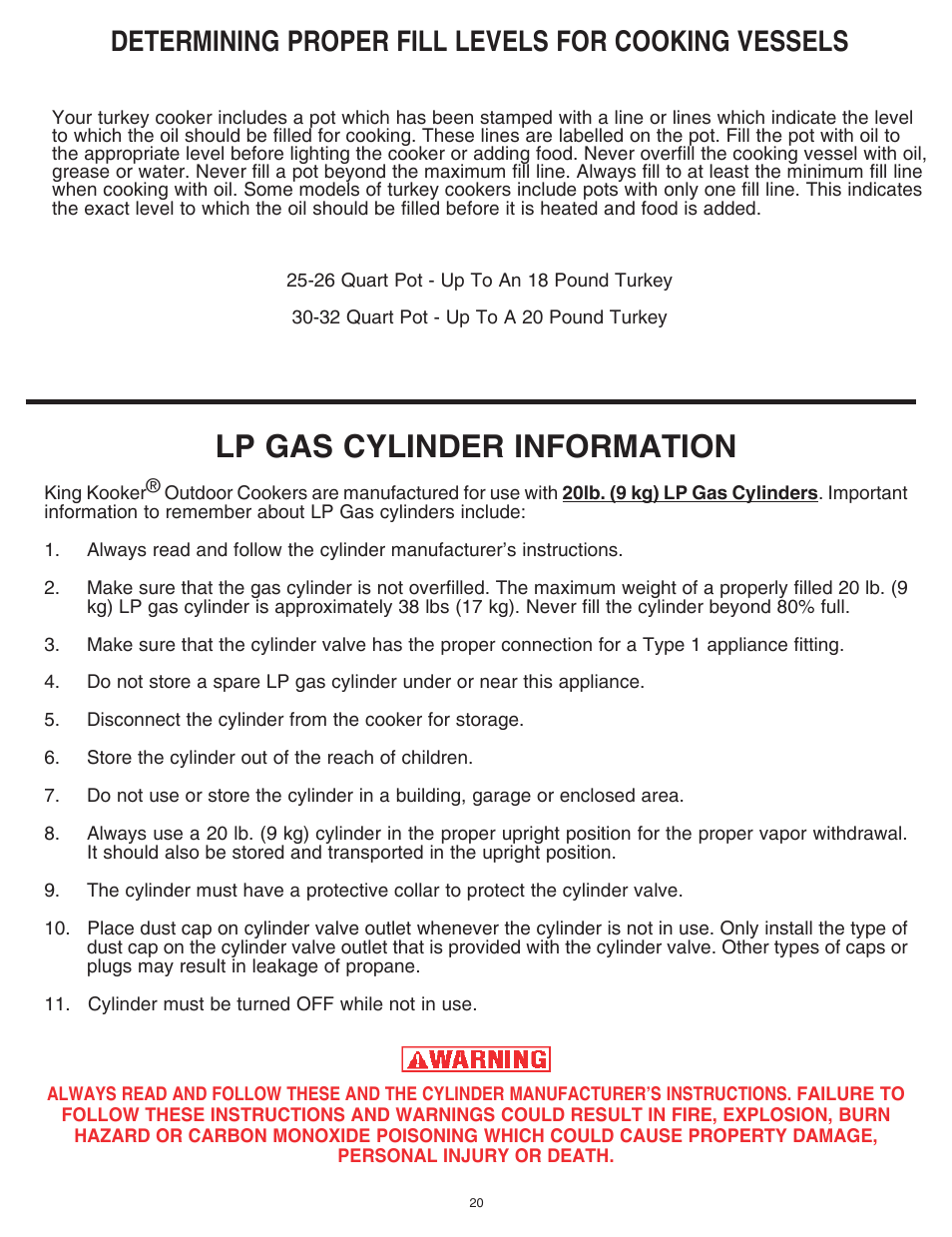 Lp gas cylinder information, Determining proper fill levels for cooking vessels | King Kooker Cast Cookers with Timers User Manual | Page 20 / 40