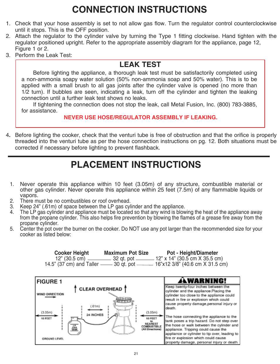 Placement instructions connection instructions, Leak test | King Kooker Cast Cookers with Timers User Manual | Page 21 / 40