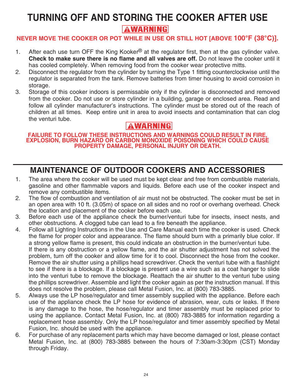 Turning off and storing the cooker after use, Maintenance of outdoor cookers and accessories | King Kooker Cast Cookers with Timers User Manual | Page 24 / 40