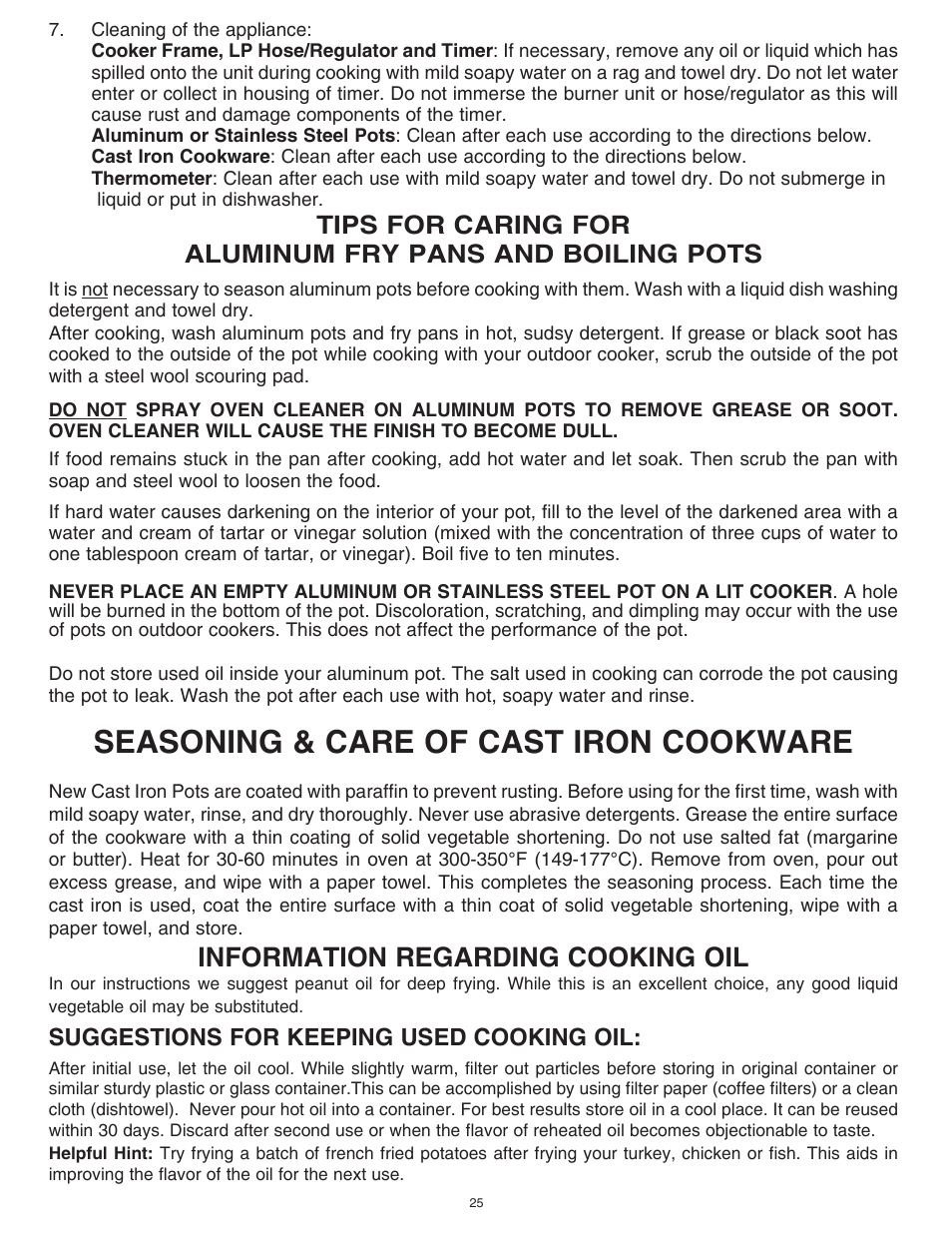 Seasoning & care of cast iron cookware, Information regarding cooking oil, Suggestions for keeping used cooking oil | King Kooker Cast Cookers with Timers User Manual | Page 25 / 40