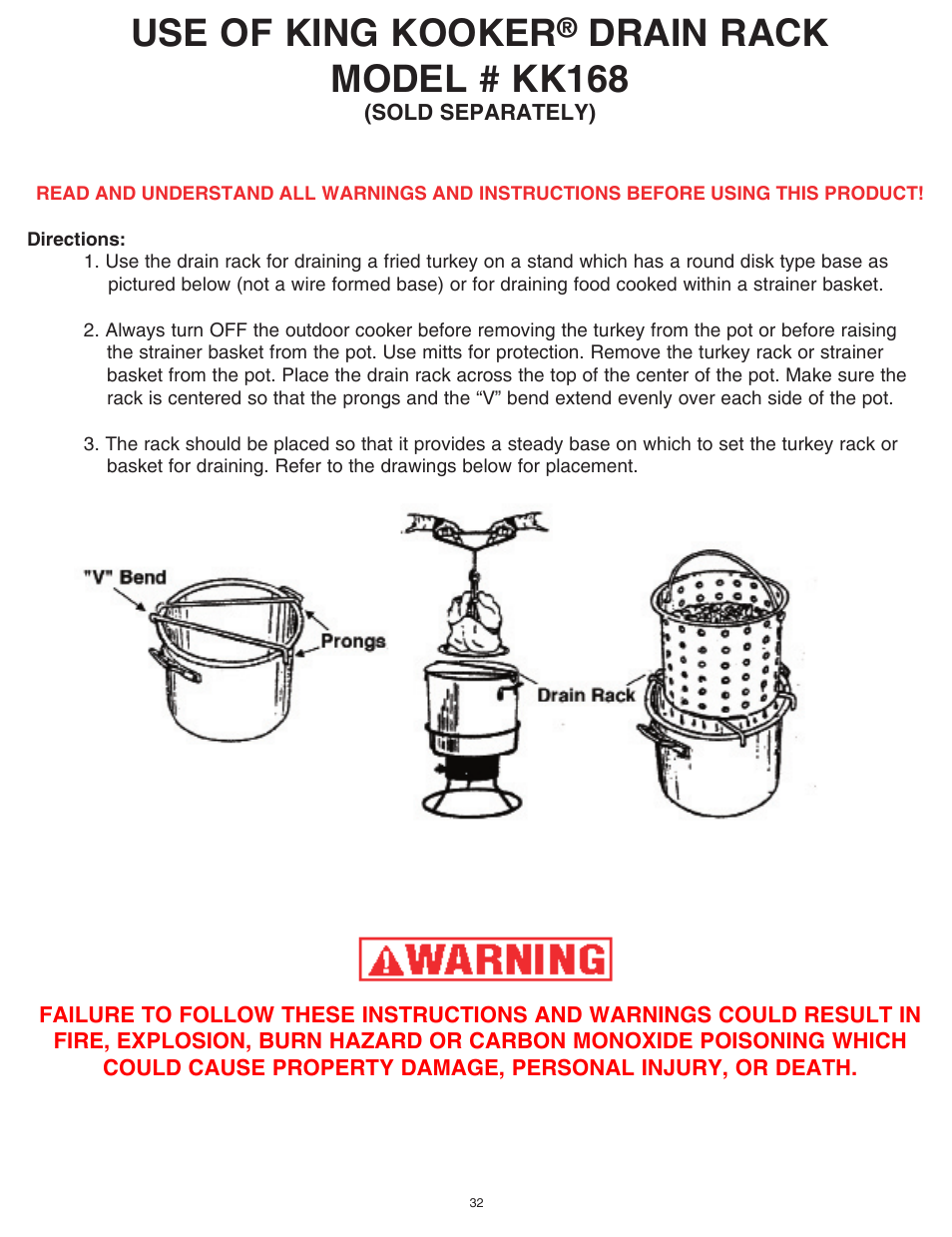 Use of king kooker, Drain rack model # kk168 | King Kooker Cast Cookers with Timers User Manual | Page 32 / 40