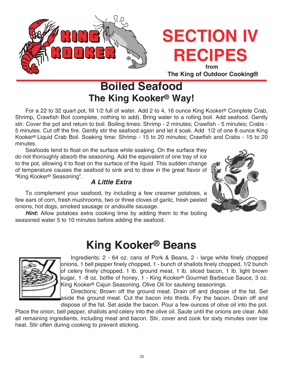 Boiled seafood, King kooker, Beans | The king kooker | King Kooker Cast Cookers with Timers User Manual | Page 33 / 40