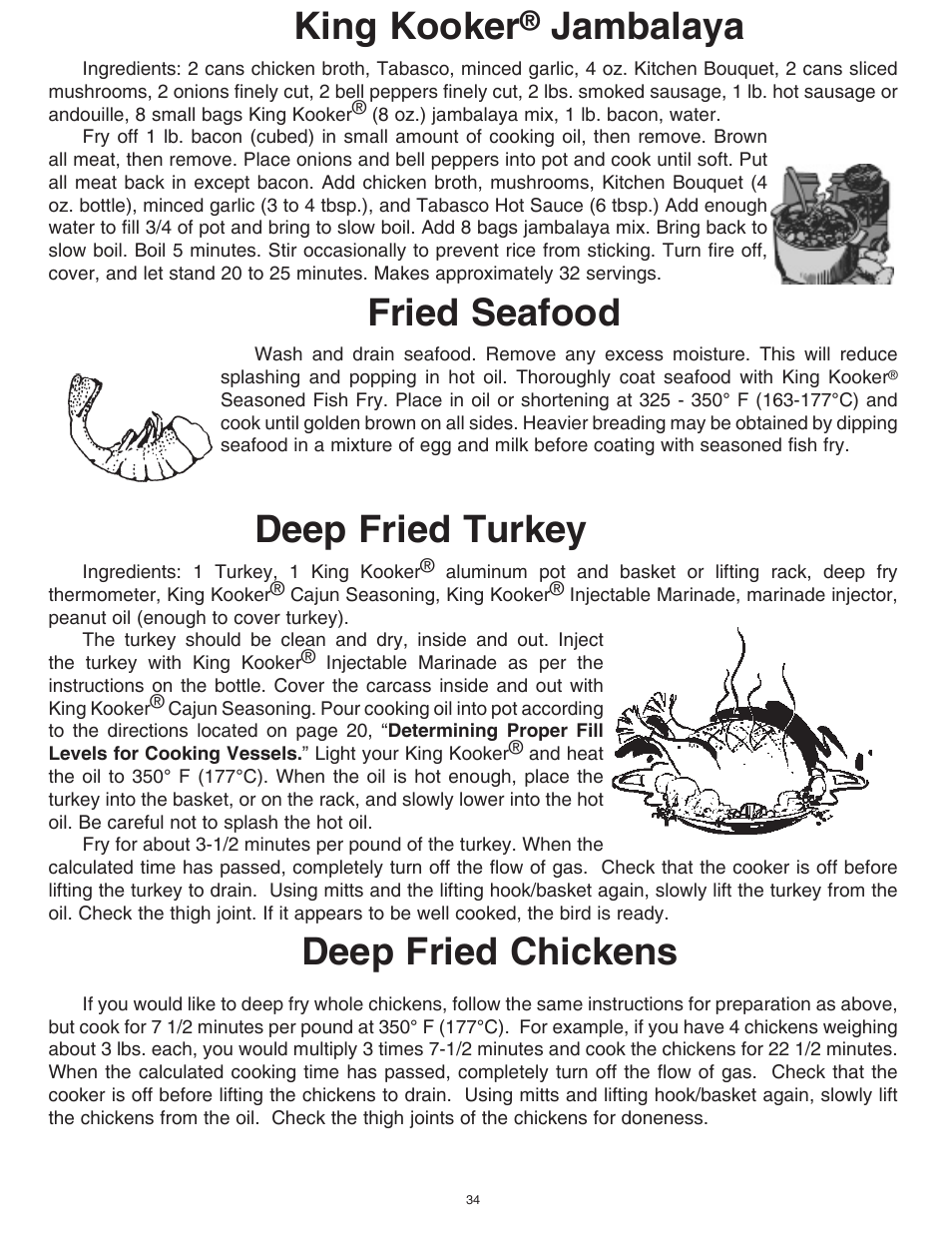 King kooker, Jambalaya, Fried seafood | Deep fried turkey, Deep fried chickens | King Kooker Cast Cookers with Timers User Manual | Page 34 / 40