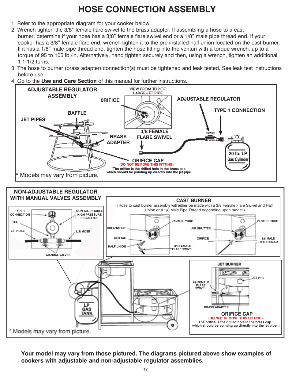 Hose connection assembly, Models may vary from picture, Adjustable regulator assembly | King Kooker Jet and Combination Burners User Manual | Page 12 / 24