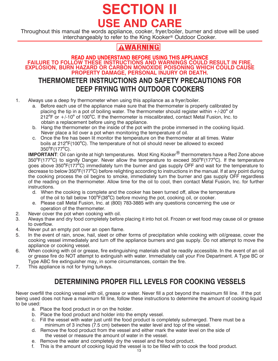 Use and care, Determining proper fill levels for cooking vessels | King Kooker Jet and Combination Burners User Manual | Page 13 / 24