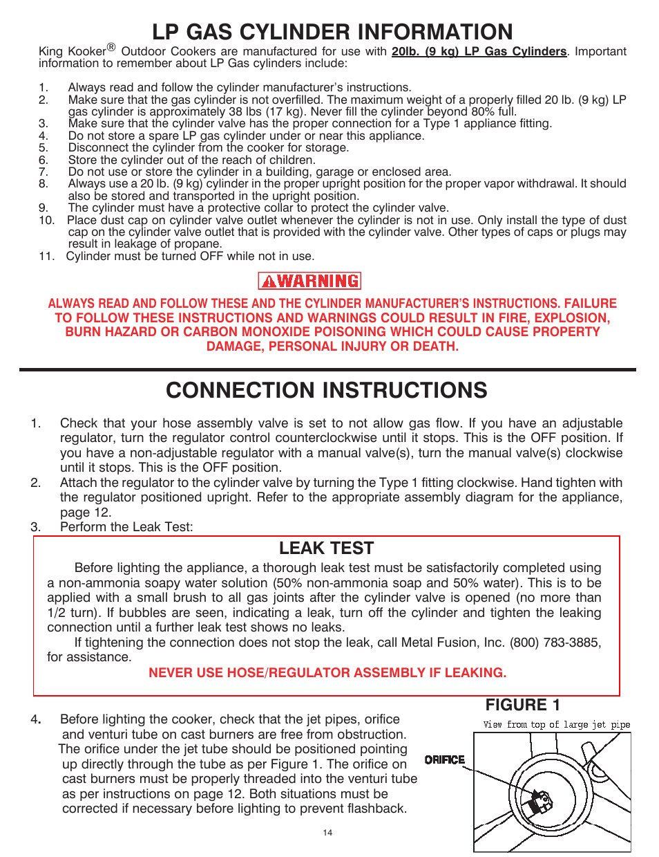 Connection instructions, Lp gas cylinder information, Leak test | Figure 1 | King Kooker Jet and Combination Burners User Manual | Page 14 / 24