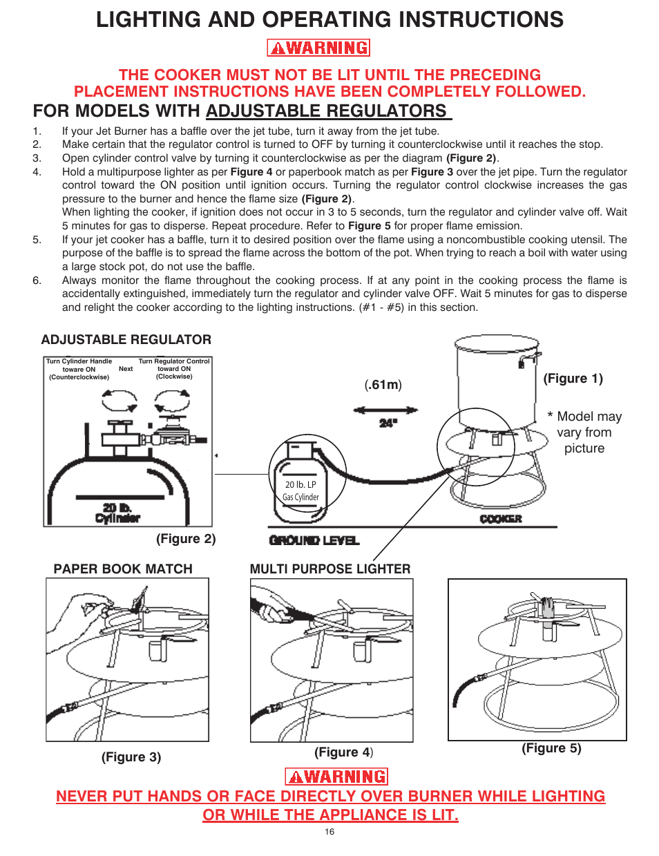Lighting and operating instructions, For models with adjustable regulators | King Kooker Jet and Combination Burners User Manual | Page 16 / 24