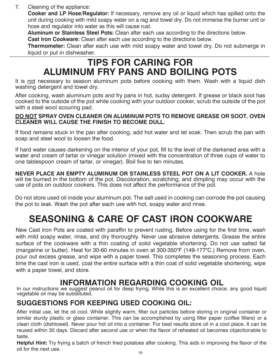 Seasoning & care of cast iron cookware, Information regarding cooking oil, Suggestions for keeping used cooking oil | King Kooker Jet and Combination Burners User Manual | Page 19 / 24