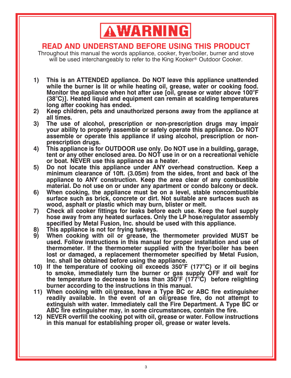 Read and understand before using this product | King Kooker Jet and Combination Burners User Manual | Page 3 / 24