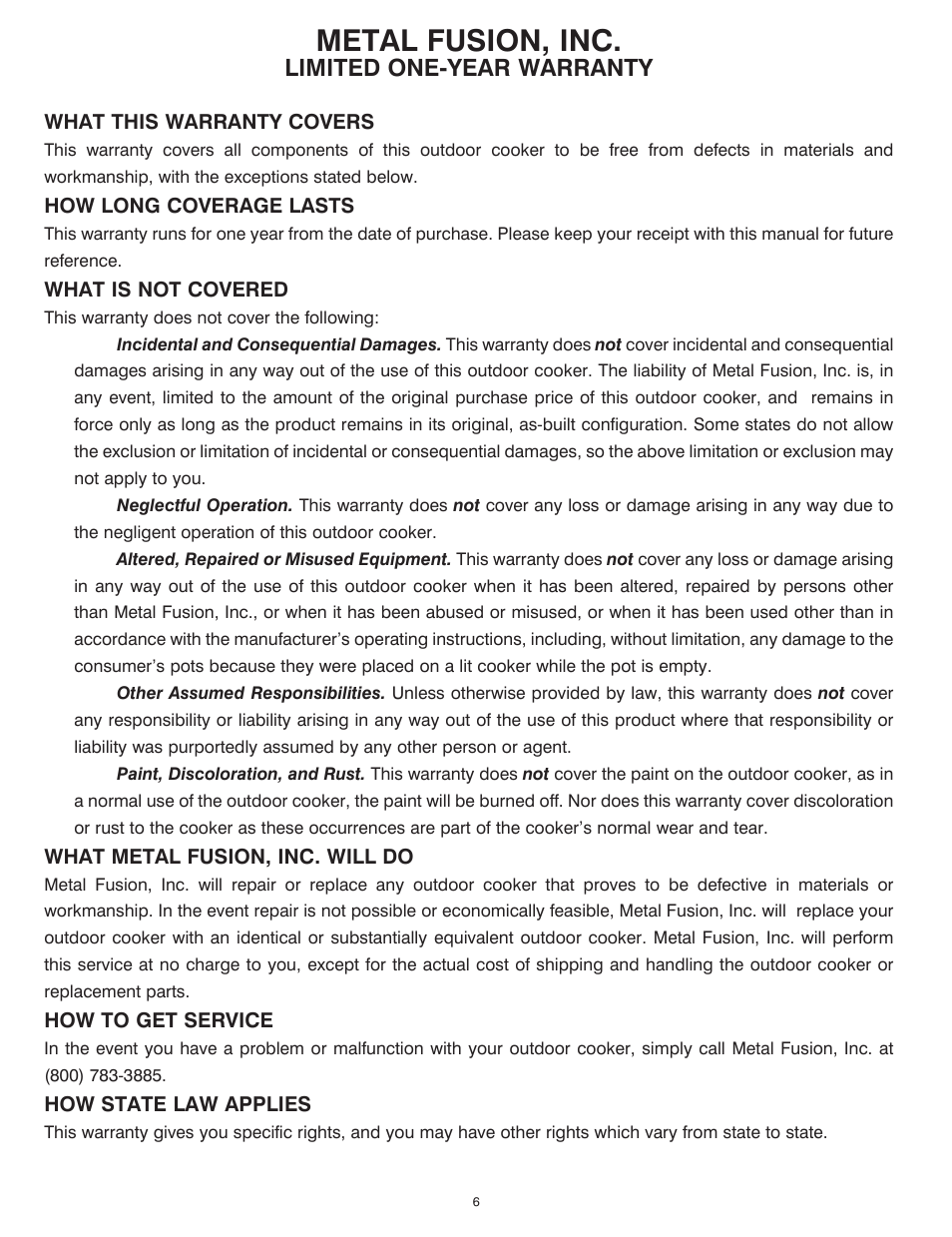Metal fusion, inc, Limited one-year warranty | King Kooker Jet and Combination Burners User Manual | Page 6 / 24
