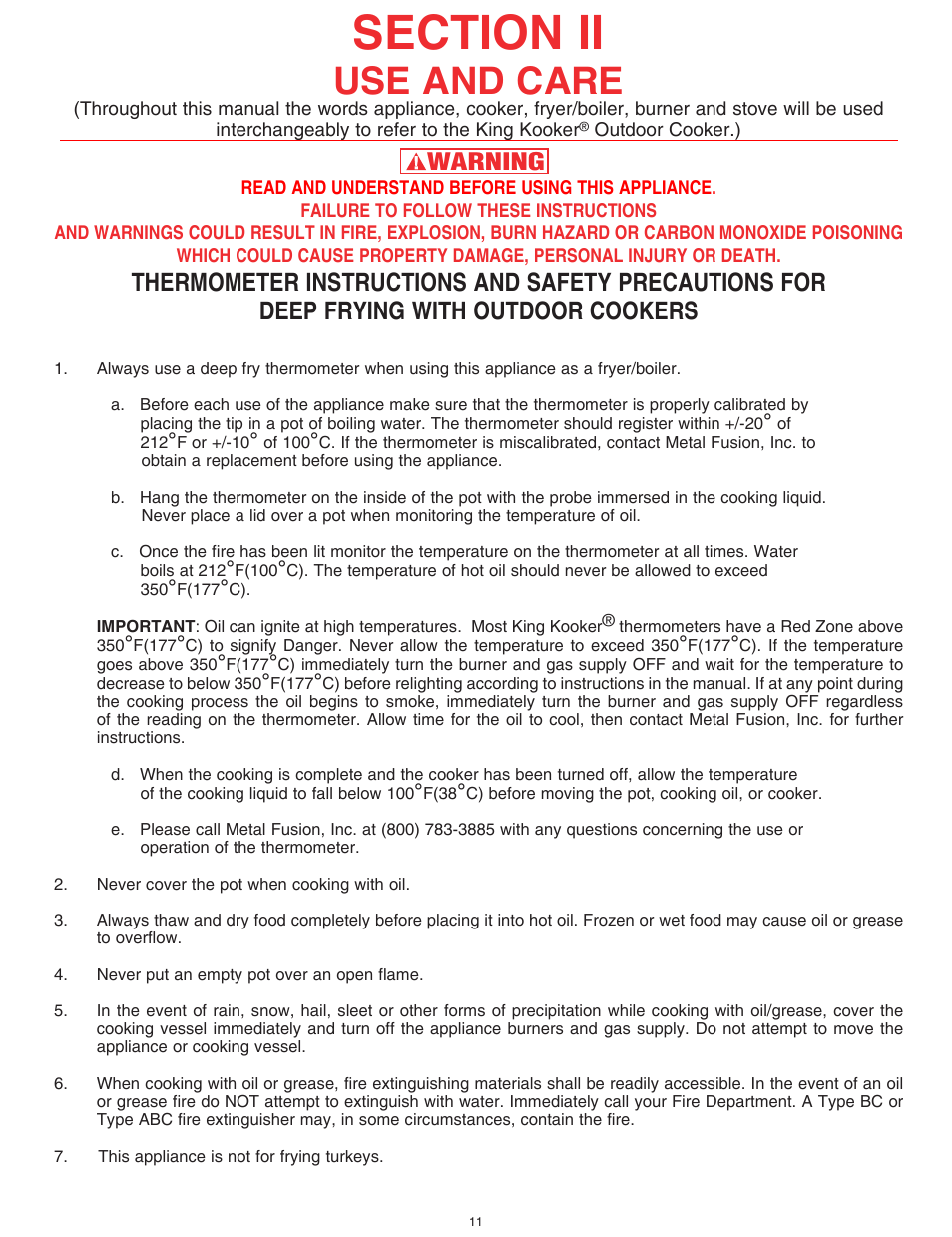 Use and care, Warning | King Kooker 1203 Southwestern Sizzler User Manual | Page 11 / 24