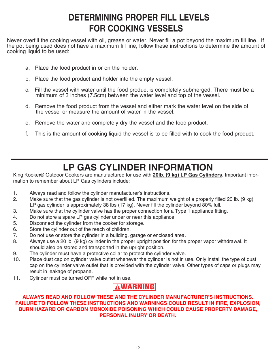 Lp gas cylinder information, Determining proper fill levels for cooking vessels, Warning | King Kooker 1203 Southwestern Sizzler User Manual | Page 12 / 24