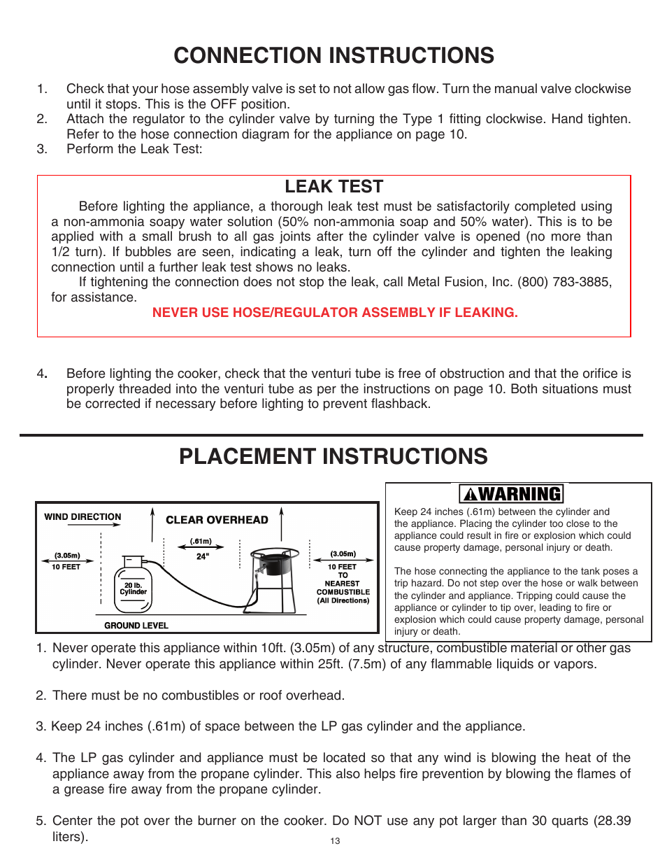 Placement instructions, Connection instructions, Leak test | King Kooker 1203 Southwestern Sizzler User Manual | Page 13 / 24
