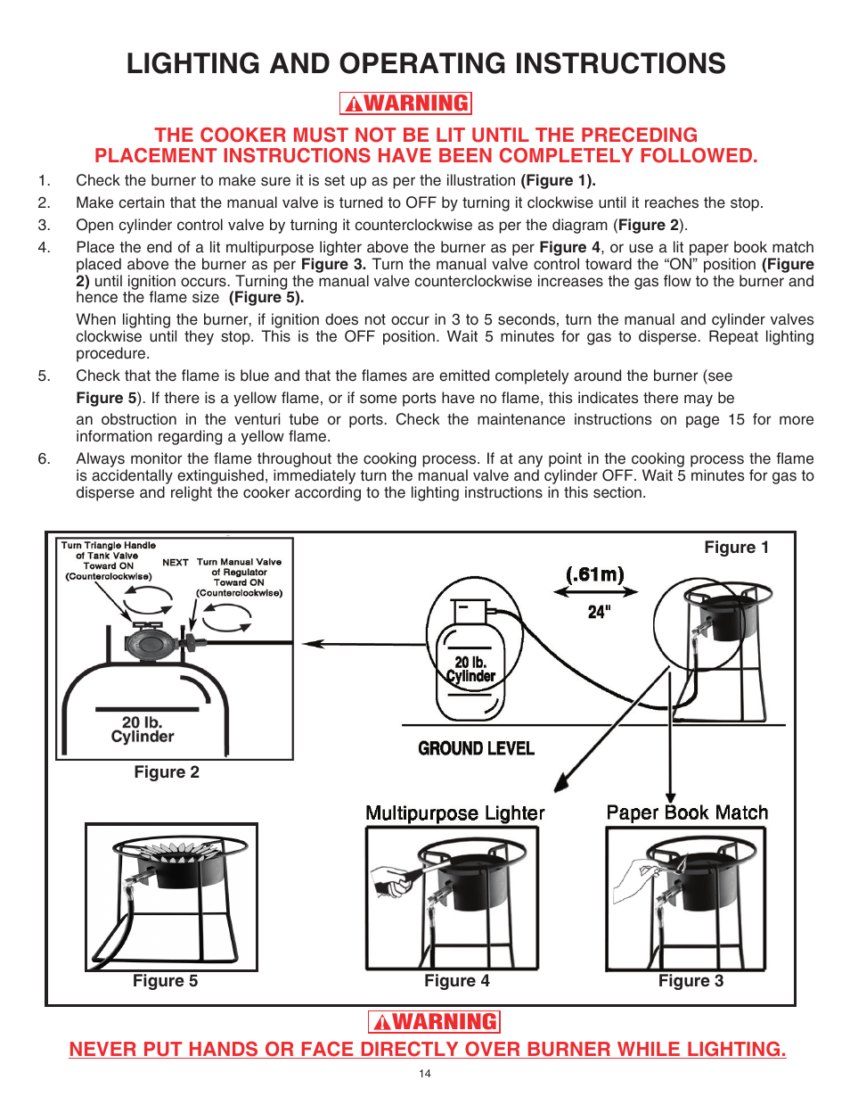 Lighting and operating instructions, Warning | King Kooker 1203 Southwestern Sizzler User Manual | Page 14 / 24