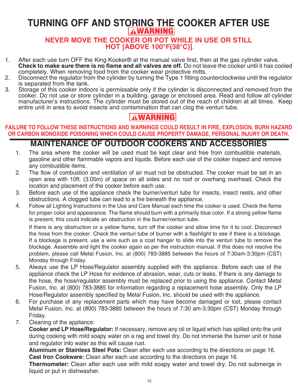 Turning off and storing the cooker after use, Maintenance of outdoor cookers and accessories, Warning | King Kooker 1203 Southwestern Sizzler User Manual | Page 15 / 24