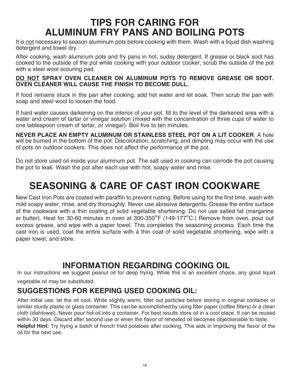 Seasoning & care of cast iron cookware, Information regarding cooking oil, Suggestions for keeping used cooking oil | King Kooker 1203 Southwestern Sizzler User Manual | Page 16 / 24