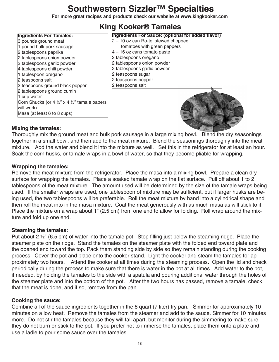 Southwestern sizzler™ specialties, King kooker® tamales | King Kooker 1203 Southwestern Sizzler User Manual | Page 18 / 24