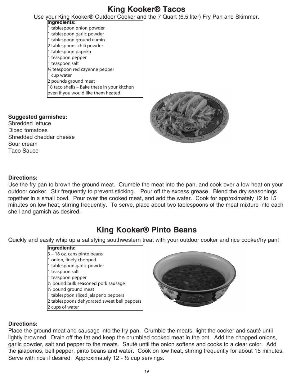 King kooker® tacos, King kooker® pinto beans | King Kooker 1203 Southwestern Sizzler User Manual | Page 19 / 24