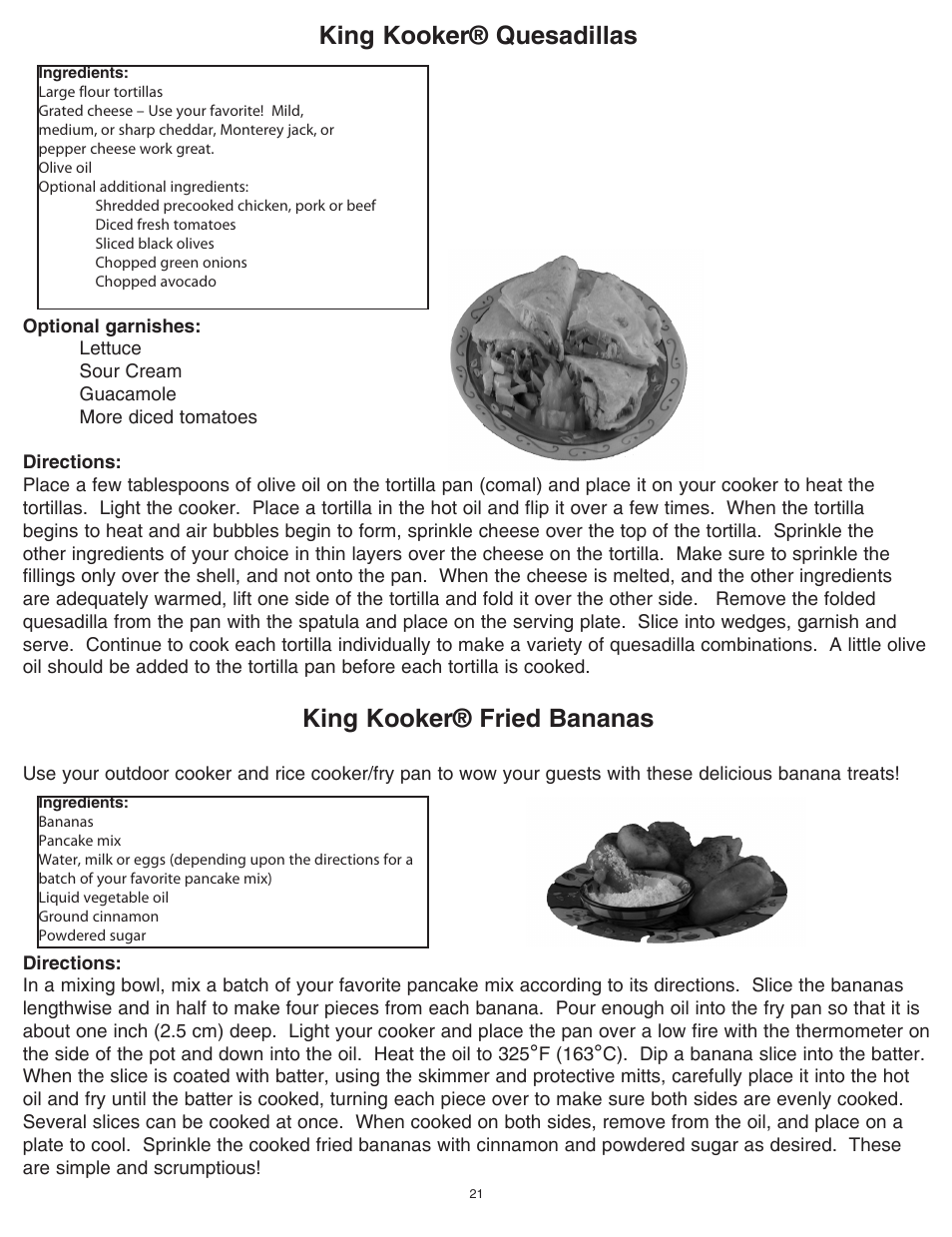 King kooker® quesadillas, King kooker® fried bananas | King Kooker 1203 Southwestern Sizzler User Manual | Page 21 / 24
