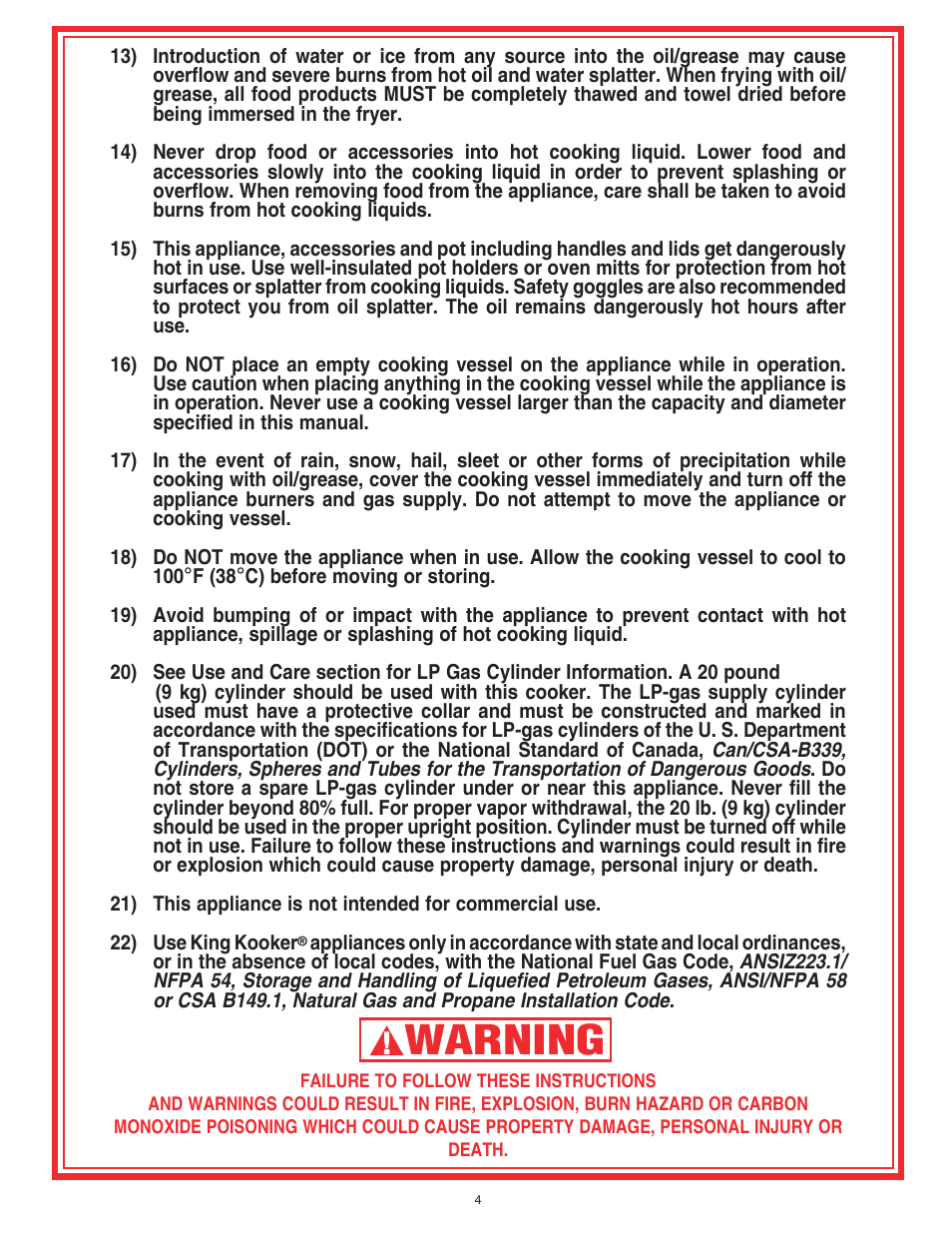 Warning | King Kooker 1203 Southwestern Sizzler User Manual | Page 4 / 24