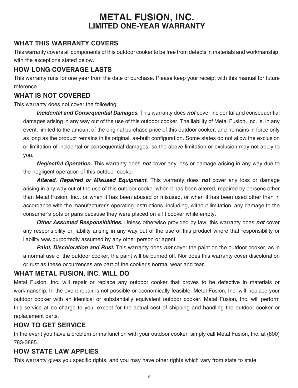 Metal fusion, inc, Limited one-year warranty | King Kooker 1203 Southwestern Sizzler User Manual | Page 6 / 24