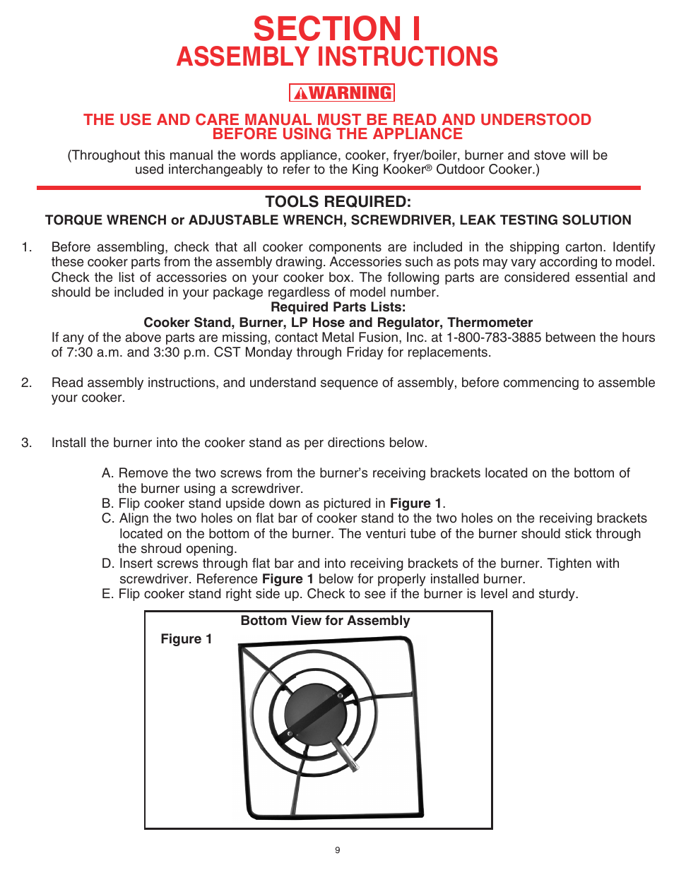 Assembly instructions, Warning, Tools required | King Kooker 1203 Southwestern Sizzler User Manual | Page 9 / 24