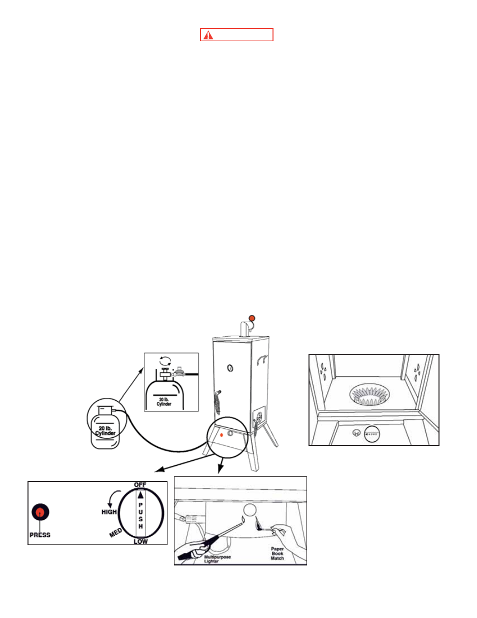 Lighting instructions, Warning | King Kooker 2106 Heavy Duty Portable Propane Outdoor Smoker Package User Manual | Page 15 / 26
