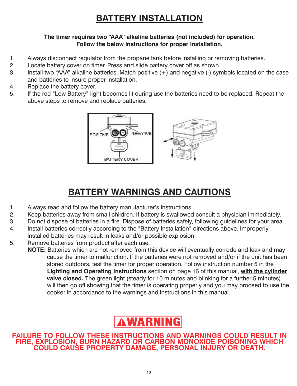 Battery installation, Battery warnings and cautions | King Kooker 2292 V Bottom Outdoor Cooker User Manual | Page 10 / 32